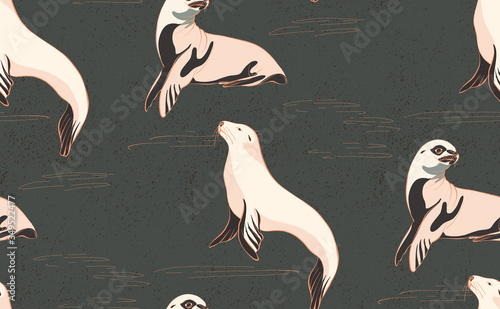 Fur seal , sea lions on ice marine pattern, sea ocean underwater wild animals, mammals. Natural north arctic fauna, joyrney vacation decoration, hand-drawn exotic zoo  trip  illustration