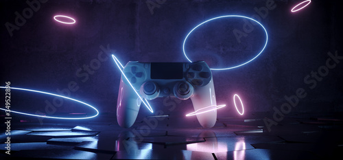Sci Fi Future Gaming Joystick Neon Laser Circles Glowing Purple Blue On Concrete Tiled Floor Hexagone Synth Cyberpunk Epic Adventure Dark Room 3D Rendering