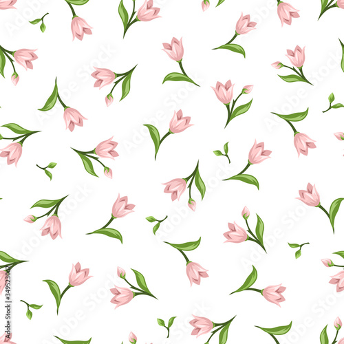 Vector seamless pattern with pink flowers and green leaves on a white background.