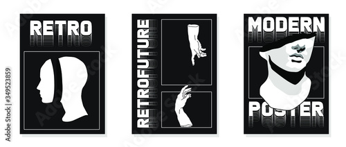 Set of retrofuturistic posters in black and white coloring with simple line art illustrations: hands of adam, ferns and colossal fragmentary head. Collection of flyers for club party and music event.