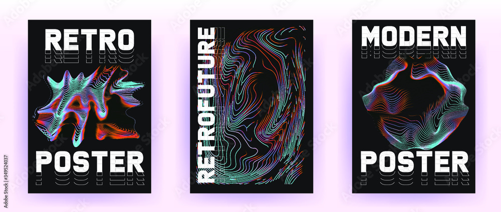 Set of retrofuturistic posters with holographic chromatic shapes in rainbow colors. Synthwave and vaporwave style covers for music party event and club invitation.