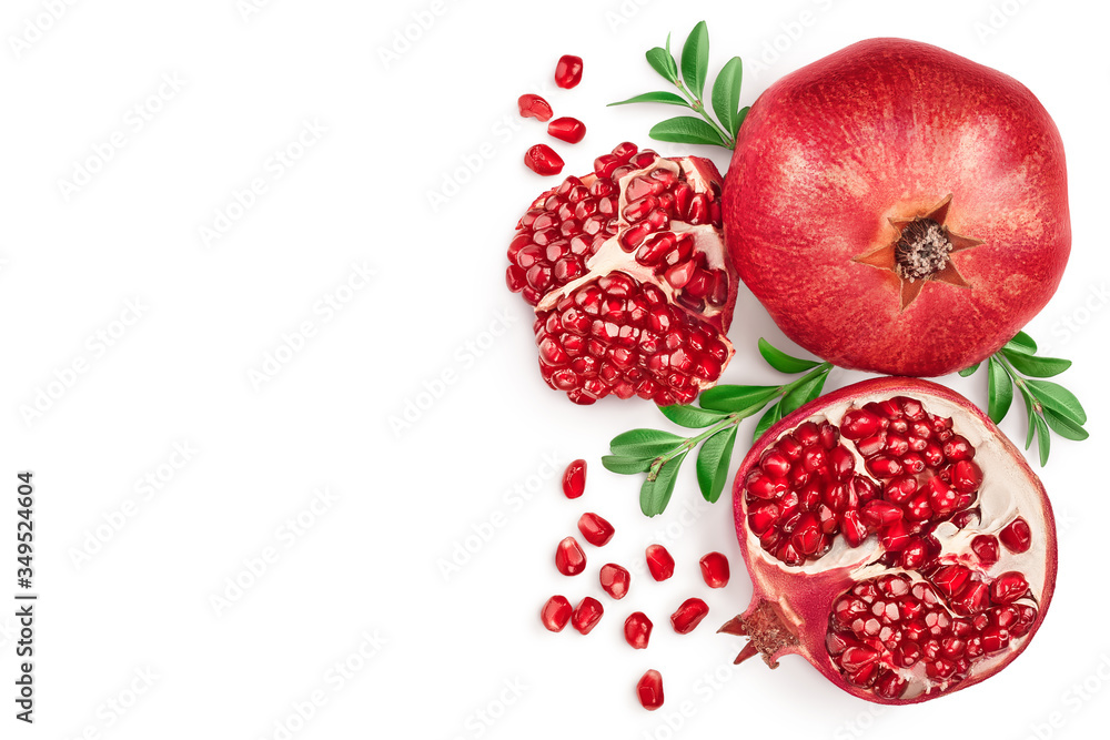 Pomegranate isolated on white background with clipping path and full depth of field. Top view with copy space for your text. Flat lay Pomegranate isolated on white background with clipping path and full depth of field. Top view with copy space for your text. Flat lay