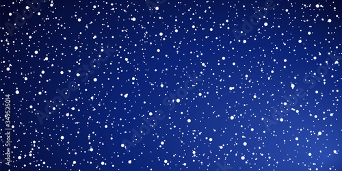 Snow blue background. Christmas snowy winter design. White falling snowflakes, abstract landscape. Cold weather effect. Magic nature fantasy snowfall texture decoration Vector illustration