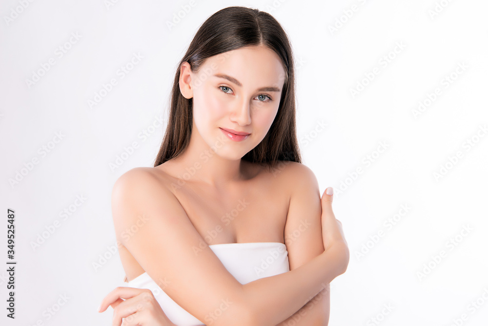 Beautiful Young Asian Woman touching her body with fresh Healthy Skin, isolated on white background, Beauty Cosmetics and Facial treatment Concept. Beautiful Young Asian Woman touching her body with fresh Healthy Skin, isolated on white background, Beauty Cosmetics and Facial treatment Concept.