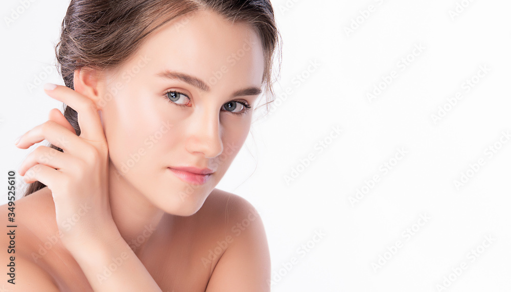Beautiful Young Asian Woman touching her clean face with fresh Healthy Skin, isolated on white background, Beauty Cosmetics and Facial treatment Concept Beautiful Young Asian Woman touching her clean face with fresh Healthy Skin, isolated on white background, Beauty Cosmetics and Facial treatment Concept