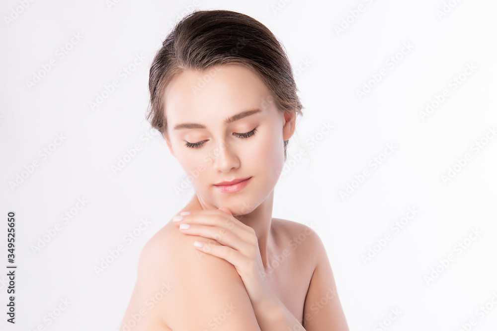 Beautiful Young Asian Woman touching her body with fresh Healthy Skin, isolated on white background, Beauty Cosmetics and Facial treatment Concept. Beautiful Young Asian Woman touching her body with fresh Healthy Skin, isolated on white background, Beauty Cosmetics and Facial treatment Concept.