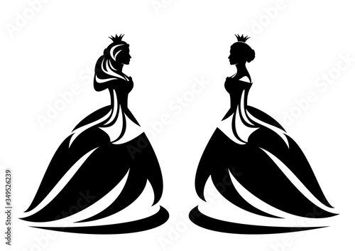 beautiful queen or princess wearing crown and long evening gown black and white vector design set