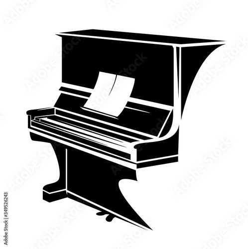 upright  piano with open scores outline - black and white vector design of home musical instrument