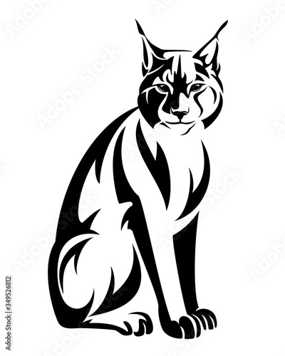 sitting lynx black and white vector outline - wild bobcat monochrome design