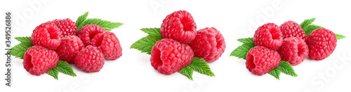 Ripe raspberries with leaf isolated on a white background  Set or collection