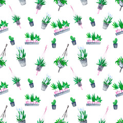 Keuken achterwand Planten in pot patronen Watercolor seamless pattern with indoor plants in pots and flower pots. Perfect for packaging, wallpaper, wrapping paper, textiles.  © Tatiana