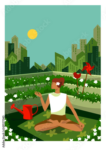 Rooftop urban farming, gardening or agriculture. A woman sitting in lotus yoga pose on the rooftop with a city tower buildings on the background