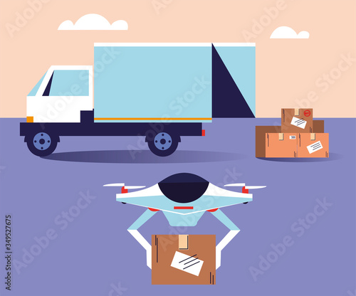 drone carries boxes from the delivery truck