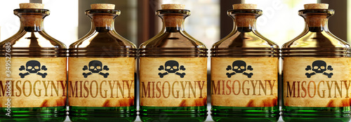 Misogyny can be like a deadly poison - pictured as word Misogyny on toxic bottles to symbolize that Misogyny can be unhealthy for body and mind, 3d illustration photo