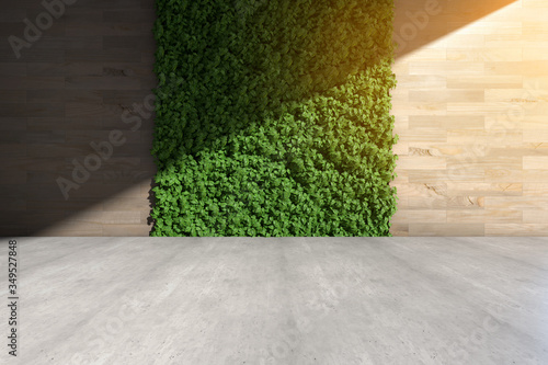 Generic 3D illustration of vertical garden and wooden wall with modern concrete floor, cement floor with wood wall in inner courtyard © redtiger9