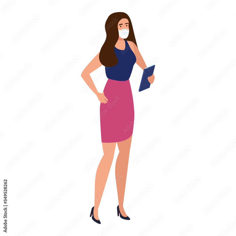 Fototapeta premium woman using face mask talking in smartphone vector illustration design