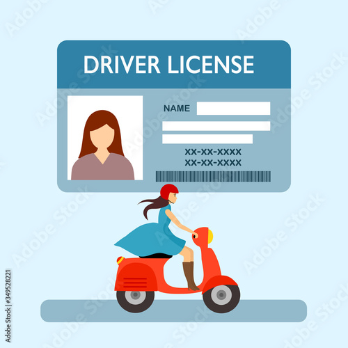 A woman riding motorbike. Driver license concept vector illustration. Renew driving license idea in flat design. Identity card.