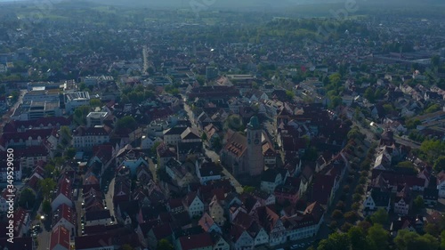 Aerial view of the old town of the city Nürtingen in Germany on a sunny spring day during the coronavirus lockdown. photo