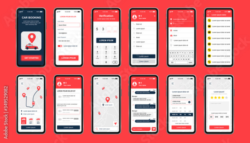Car booking unique design kit for mobile app. Online rent car order screens with chat, rating, user profile and city map. Car sharing service UI, UX template set. GUI for responsive mobile application