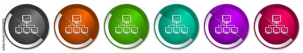 Network icon set, silver metallic chrome border vector web buttons in 6 colors options for webdesign Network icon set, silver metallic chrome border vector web buttons in 6 colors options for webdesign