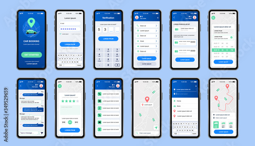 Car sharing unique design kit for mobile app. Online rent car order screens with map navigation and user account menu. Car booking service UI, UX template set. GUI for responsive mobile application.