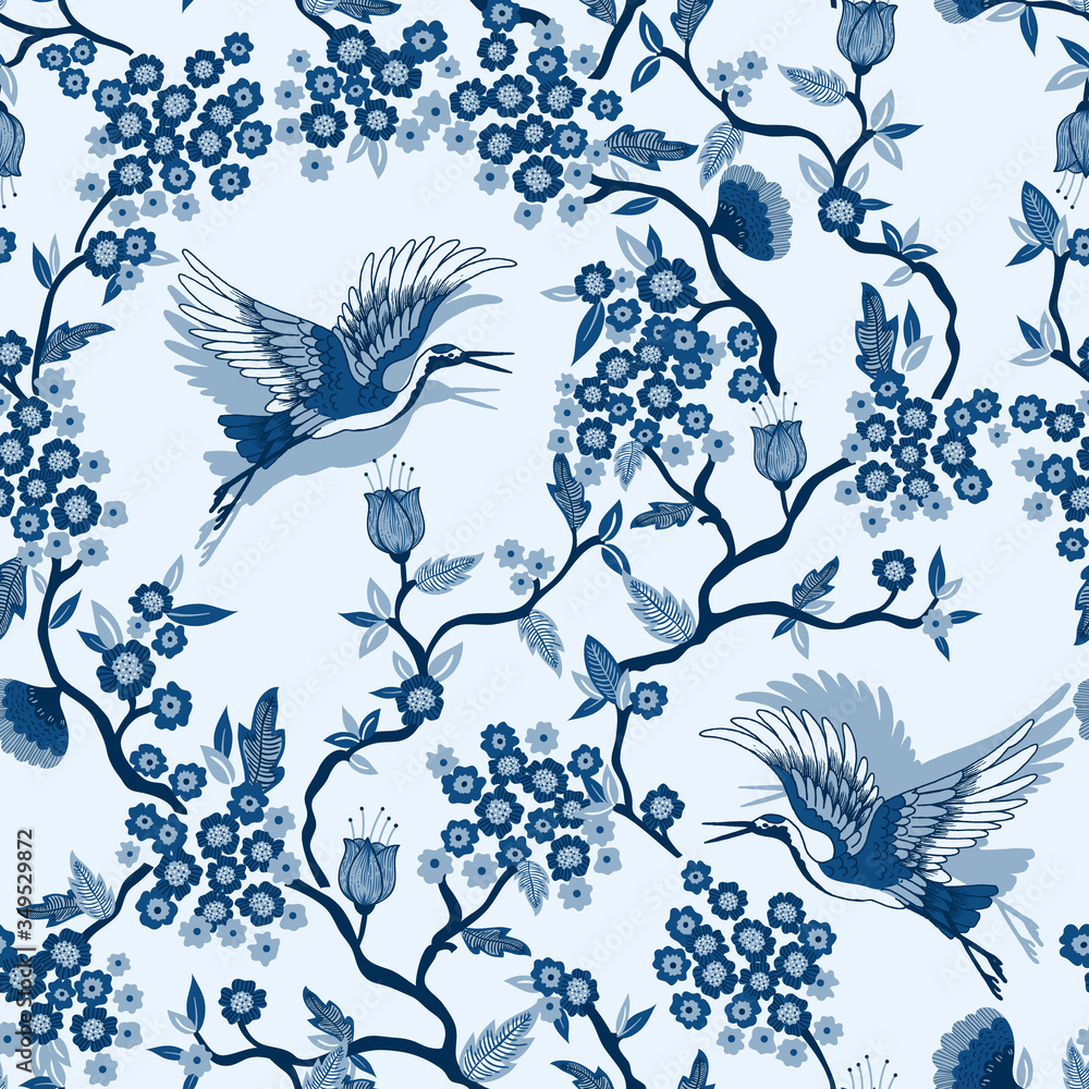classic Blue Crane Birds Chinoiserie Vector Seamless Pattern classic Blue Crane Birds Chinoiserie Vector Seamless Pattern