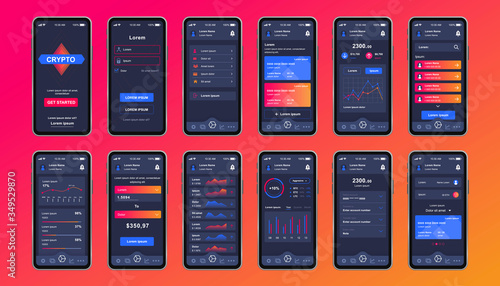 Cryptocurrency unique design kit for mobile app. Bitcoin mining screen with financial graphs, accounting and investment. Cryptocurrency platform UI, UX templates. GUI for responsive mobile application