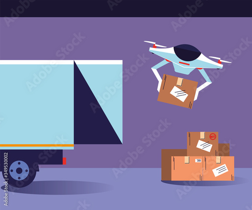 drone carries boxes from the delivery truck