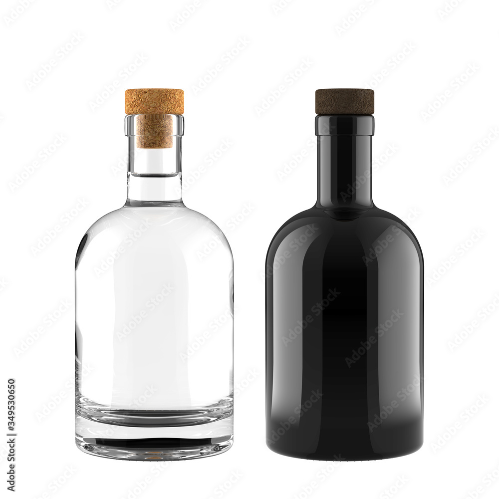A Set of Clear Glass and Black Bottles for Whiskey, Vodka, Gin, Rum, Liquor or Tequila Bottle for Accurate Work with Light and Shadows. 3D Render Isolated on White Background. A Set of Clear Glass and Black Bottles for Whiskey, Vodka, Gin, Rum, Liquor or Tequila Bottle for Accurate Work with Light and Shadows. 3D Render Isolated on White Background.