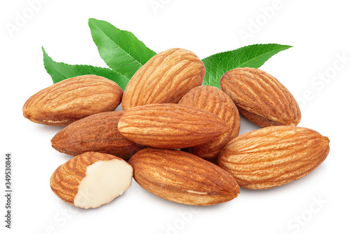 Almonds nuts with leaf isolated on white background with clipping path and full depth of field.