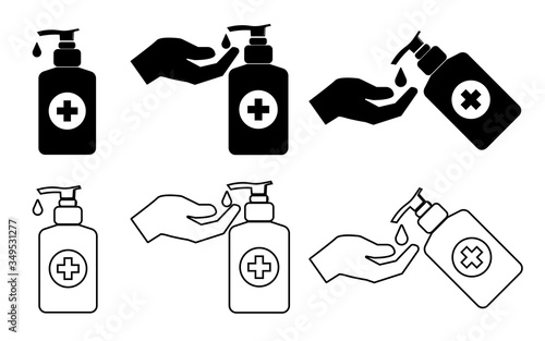 Set of black and white hand sanitizers. Alcohol rub sanitizers kill most bacteria, fungi and stop some viruses such as coronavirus. Hygiene product. Covid-19 spread prevention