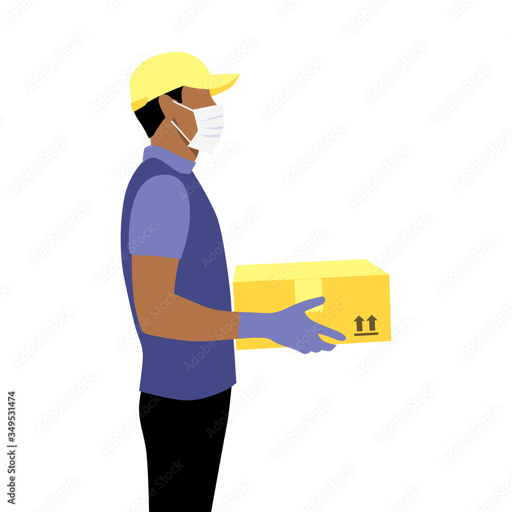 Vector illustration of black afro courier with beard in protective gloves, mask and cap with package.  Delivering the parcel or box concept. Online shopping order