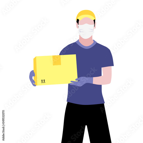 Vector illustration of white man in protective medical mask and gloves is delivering the parcel or box.  Safe contactless delivery to the door by courier concept. Online shopping order