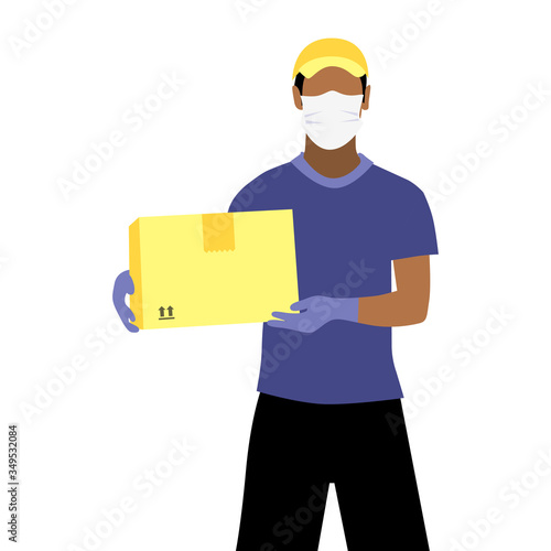 Vector illustration of black man in protective medical mask and gloves is delivering the parcel or box.  Safe contactless delivery to the door by courier concept. Online shopping order