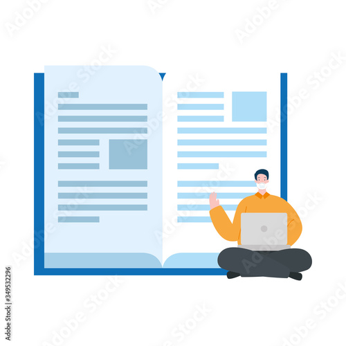 man using face mask studying online vector illustration design