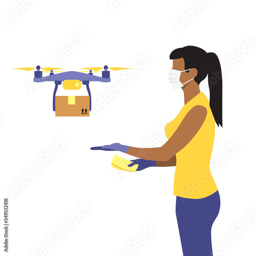 Vector illustration of black or latin woman in protective medical mask and a flying drone delivering the parcel or box.  Safe contactless delivery to the door by drone concept. Online shopping order