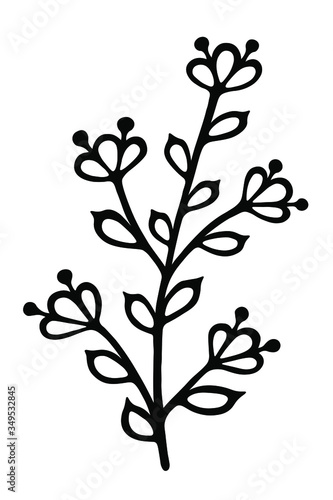 Single branch with leaves in ink Isolated on white background. Hand drawn vector decorative element in doodle style for wedding invitation and decoration  postcard  flyer  banner or website