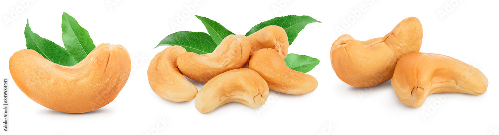 Roasted Cashew nuts with leaf isolated on white background with clipping path and full depth of field. Set or collection Roasted Cashew nuts with leaf isolated on white background with clipping path and full depth of field. Set or collection