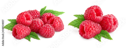 Ripe raspberries with leaf isolated on a white background, Set or collection