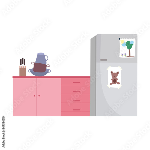 kitchen interior fridge drawers crockery cabinet and knives
