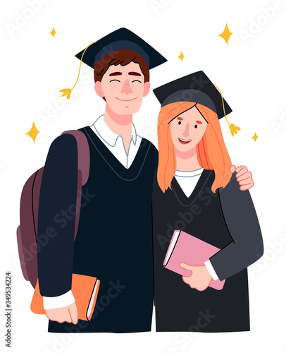Students hugging. Brunette guy and redhead girl.Graduation Celebrates Graduation College School Degree Successful Concept.Flat cartoon vector illustration.