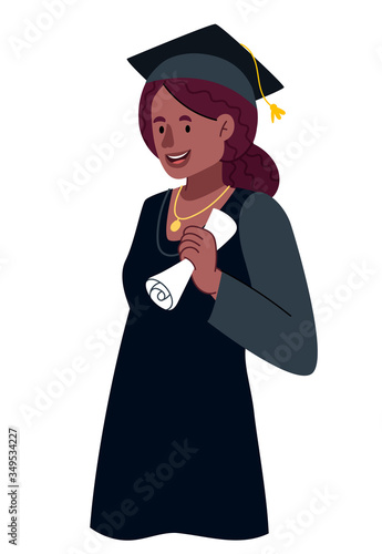 Very beautiful student. African girl with a backpack.Graduation Celebrates Graduation College School Degree Successful Concept.Flat cartoon vector illustration.