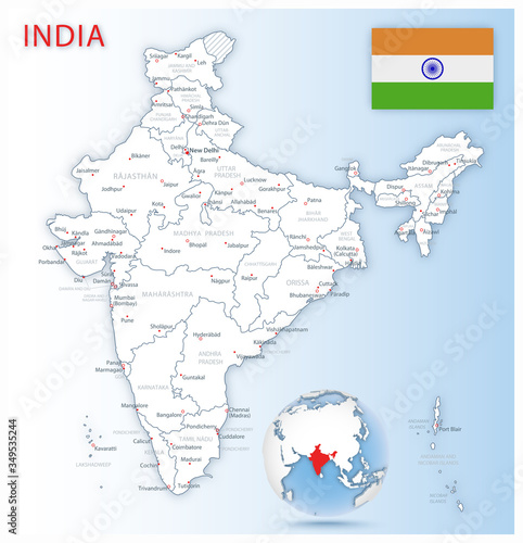 Detailed India administrative map with country flag and location on a blue globe. Vector illustration