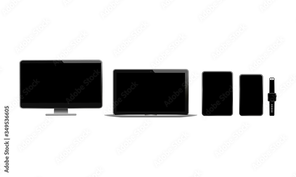 New device icon flat set. Smartphone, laptop, computer monitor, tablet and smart watch on isolated white background. EPS 10 vector. New device icon flat set. Smartphone, laptop, computer monitor, tablet and smart watch on isolated white background. EPS 10 vector.