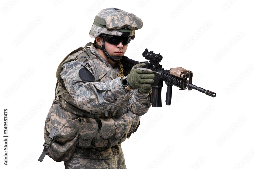 Male in US Army uniform soldier (Flag of the USA on the shoulder). Shot in studio. Isolated with clipping path on white background