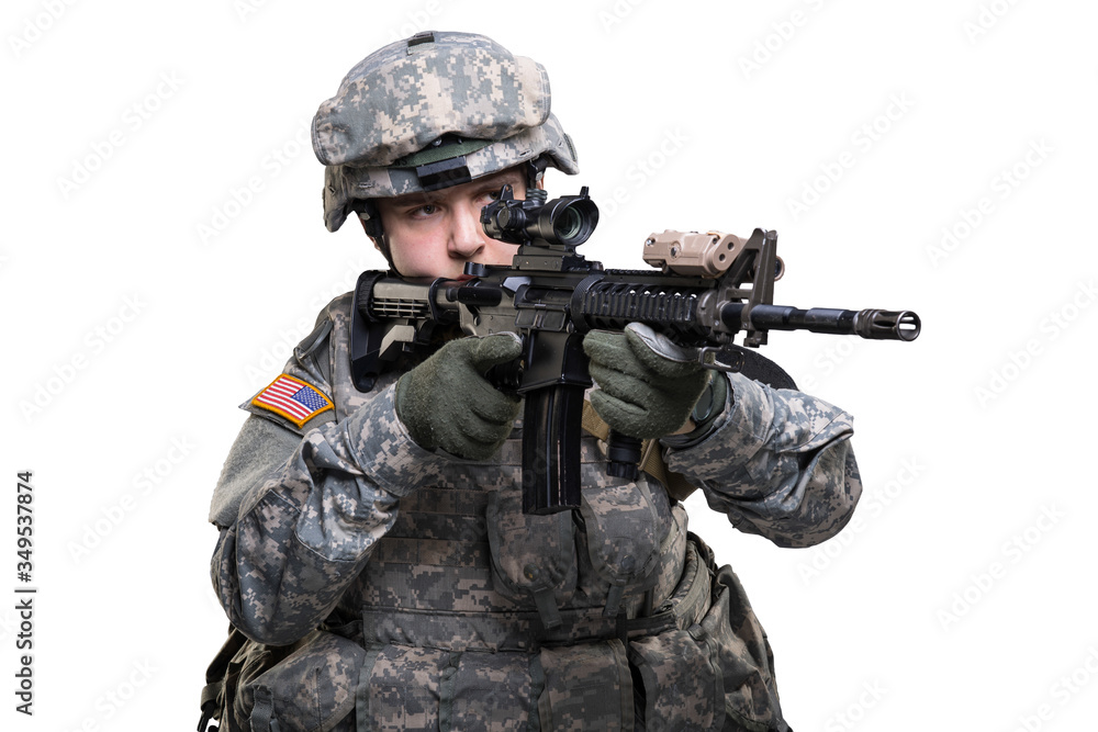 Male in US Army uniform soldier (Flag of the USA on the shoulder). Shot in studio. Isolated with clipping path on white background Male in US Army uniform soldier (Flag of the USA on the shoulder). Shot in studio. Isolated with clipping path on white background