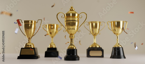 Golden trophy award on dark background. Gold winners trophy with copy space for text. 3d rendering.