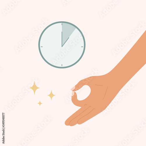 Time for yoga and meditation: clock, hand in gyan mudra. Start a day with yoga. Meditate for five minutes. Relax, stay in peace, find inner balance. Calm and harmony concept. Flat vector illustration.