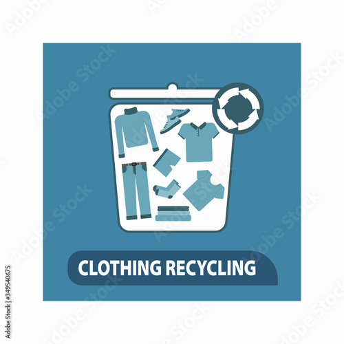 Recycling clothing. Secondary processing of clothing. A set of clothes for the trash. Marketing campaign for the processing of fabrics and clothes, banner, flyer, blogging.
