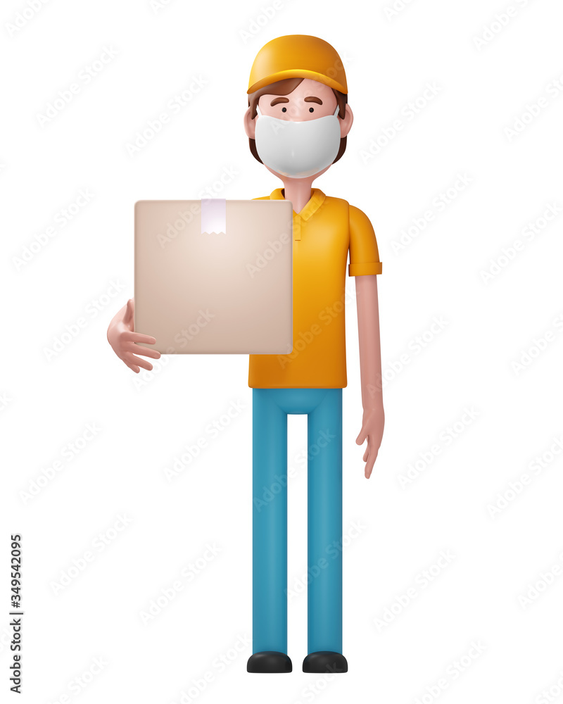 Smiling delivery guy with mask holding a package. 3d render Smiling delivery guy with mask holding a package. 3d render